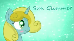 Size: 875x488 | Tagged: safe, artist:princessdaisyofficialchannel, derpibooru import, sun glimmer, pony, unicorn, abstract background, background pony, blushing, cute, cute glimmer, female, filly, green background, green text, image, png, simple background, smiling, text, wallpaper