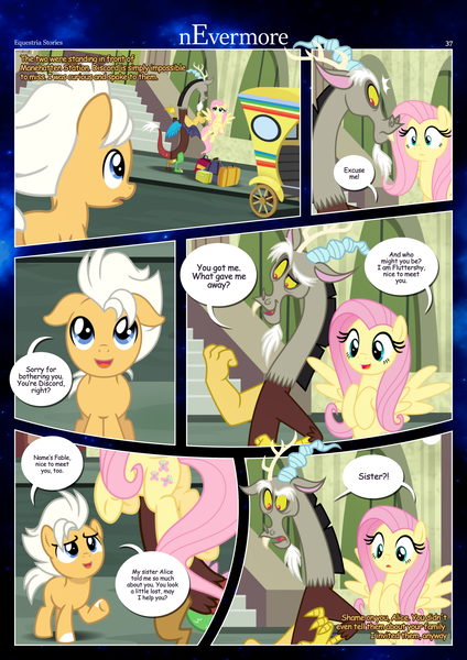 Size: 3259x4607 | Tagged: safe, artist:estories, derpibooru import, discord, fluttershy, oc, oc:fable, draconequus, pegasus, pony, comic:nevermore, colt, image, male, pegasus oc, png, speech bubble, wings