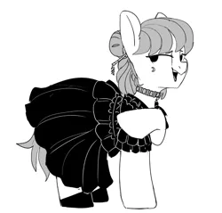 Size: 958x915 | Tagged: safe, artist:tallaferroxiv, oc, unofficial characters only, pony, choker, clothes, dress, female, grayscale, hoof shoes, image, looking back, mare, monochrome, open mouth, png, raised hoof, simple background, solo, white background
