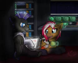 Size: 2223x1799 | Tagged: safe, artist:askavrobishop, derpibooru import, oc, oc:autumn breeze, oc:whirlwind sprint, pegasus, pony, arrow flight suit, computer, goggles, image, laptop computer, night, png, radar, servers, wings