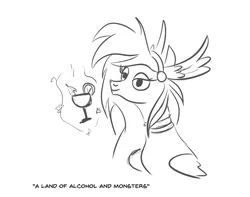 Size: 850x670 | Tagged: safe, artist:velgarn, derpibooru import, pegasus, pony, alcohol, barely pony related, drink, female, guardian of the three kingdoms, guardians of pondonia, image, magic, magic aura, mare, margarita, monochrome, png, simple background, sketch, solo, white background