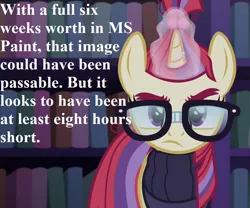 Size: 864x720 | Tagged: safe, derpibooru import, edit, edited screencap, screencap, moondancer, amending fences, season 5, 1000 hours in ms paint (reaction image), book, clothes, cropped, image, library, looking at you, magic, magic aura, png, reaction image, solo, speech, sweater, talking