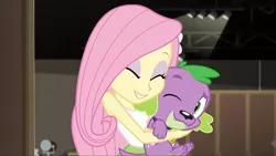 Size: 1150x647 | Tagged: safe, derpibooru import, edit, edited screencap, screencap, fluttershy, spike, spike the regular dog, dog, equestria girls, movie magic, spoiler:eqg specials, clothes, cropped, cute, eyeshadow, hug, huggable, image, jpeg, lucky bastard, makeup, shyabetes, sleeveless, tanktop