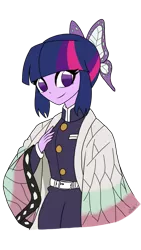 Size: 670x1192 | Tagged: safe, artist:lamsheila, derpibooru import, twilight sparkle, human, equestria girls, bow, clothes, cosplay, costume, crossover, demon slayer, female, hair bow, humanized, image, kimetsu no yaiba, png, shinobu kocho, solo