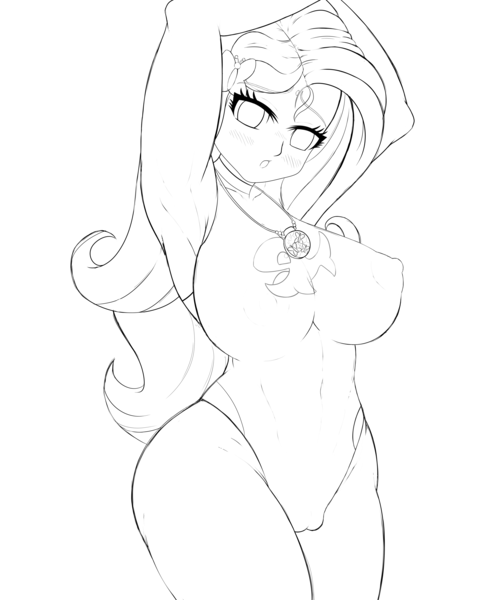 Size: 5200x6200 | Tagged: questionable, artist:prince_skylight, derpibooru import, fluttershy, equestria girls, arm behind head, breasts, busty fluttershy, cameltoe, clothes, erect nipples, image, monochrome, one-piece swimsuit, png, sketch, swimsuit, wide hips