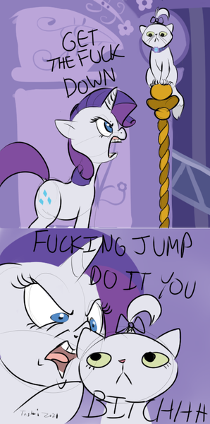 Size: 445x897 | Tagged: safe, artist:furseiseki, derpibooru import, opalescence, rarity, carousel boutique, image, out of character, png, rude, screaming, vulgar