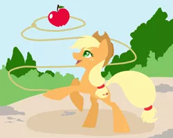 Size: 2500x2000 | Tagged: safe, artist:hellishnya, derpibooru import, applejack, earth pony, pony, apple, applejack's hat, cowboy hat, female, food, freckles, hat, image, lasso, lineless, mare, png, rearing, rope, solo