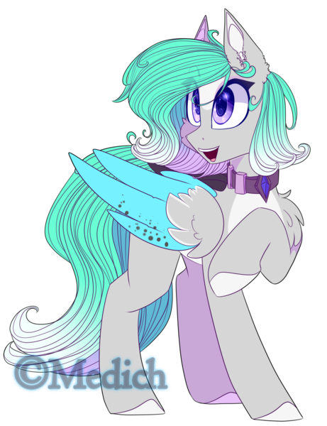 Size: 1778x2313 | Tagged: safe, artist:mediasmile666, derpibooru import, oc, unofficial characters only, pegasus, pony, collar, colored hooves, female, folded wings, image, mare, open mouth, pale belly, png, raised hoof, simple background, smiling, solo, standing, transparent background, two toned wings, wings