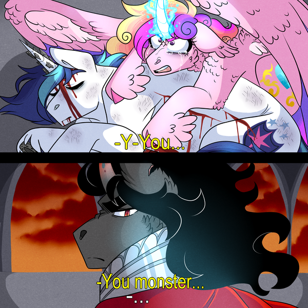 Size: 3000x3000 | Tagged: semi-grimdark, artist:gingygin, derpibooru import, king sombra, princess cadance, shining armor, pony, blood, caption, crying, eyes closed, glowing horn, horn, horn crystals, image, magic suppression, png, story included, text