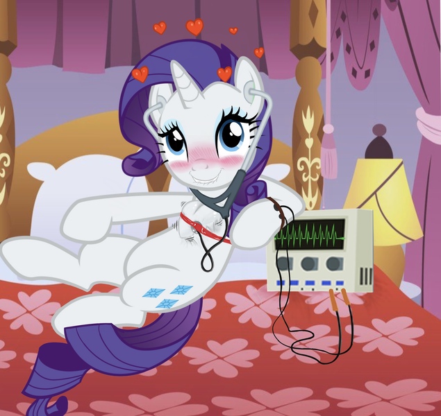 Size: 1999x1890 | Tagged: safe, artist:brightenight-heart, derpibooru import, rarity, pony, unicorn, blushing, cardiophilia, ekg, fetish, floating heart, heart, heart fetish, heart pounding, heartbeat, image, jpeg, lip bite, stethoscope, story included