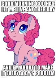 Size: 500x690 | Tagged: safe, artist:evehly, derpibooru import, editor:super trampoline, pinkie pie, pony, chibi, god, image, jpeg, meme, text, threat