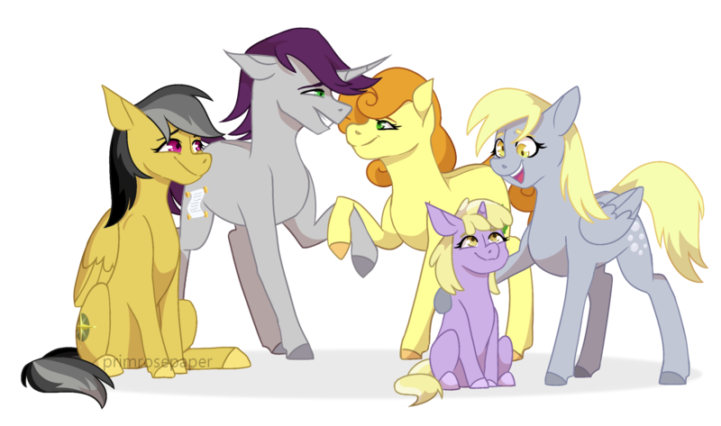 Size: 2300x1360 | Tagged: safe, artist:primrosepaper, derpibooru import, carrot top, daring do, derpy hooves, dinky hooves, golden harvest, written script, earth pony, pegasus, unicorn, adopted offspring, female, headcanon in the description, holding hooves, image, male, png, siblings, simple background, sitting, story included, straight, transparent background