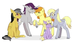 Size: 2300x1360 | Tagged: safe, artist:primrosepaper, derpibooru import, carrot top, daring do, derpy hooves, dinky hooves, golden harvest, written script, earth pony, pegasus, unicorn, adopted offspring, female, headcanon in the description, holding hooves, image, male, png, siblings, simple background, sitting, story included, straight, transparent background