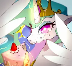 Size: 2048x1870 | Tagged: safe, artist:choco_hosikawa, derpibooru import, princess celestia, cake, crown, eating, food, horn, image, jewelry, jpeg, magic, regalia, surprised, wings