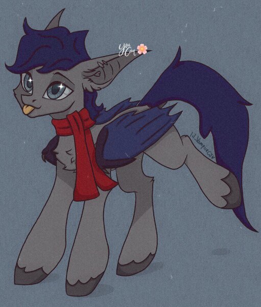 Size: 750x880 | Tagged: safe, artist:jun1313, artist:lil_vampirecj, derpibooru import, oc, oc:zephyr bat, bat, bat pony, pony, art, base used, blue eyes, blue mane, blue tail, blue wings, digital art, ear piercing, earring, grey fur, image, jewelry, jpeg, photo, piercing, red scarf, solo