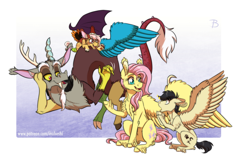 Size: 1822x1231 | Tagged: safe, artist:inuhoshi-to-darkpen, derpibooru import, discord, fluttershy, oc, oc:gusty, draconequus, pegasus, chest fluff, draconequus oc, ear fluff, image, meeting, open mouth, parent:daring do, pegasus oc, png, wing fluff, wings
