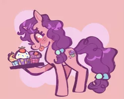 Size: 1981x1596 | Tagged: safe, artist:kindofmax, derpibooru import, sugar belle, pony, unicorn, cupcake, februpony, female, food, image, jpeg, mare, pink background, simple background, solo, tongue out