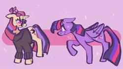 Size: 2048x1166 | Tagged: safe, artist:kindofmax, derpibooru import, moondancer, twilight sparkle, twilight sparkle (alicorn), alicorn, pony, unicorn, duo, februpony, female, floppy ears, image, jpeg, looking at each other, mare, pink background, simple background