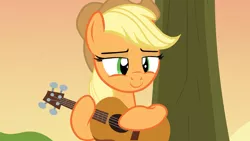 Size: 1920x1080 | Tagged: safe, artist:agrol, derpibooru import, applejack, pony, guitar, image, missing freckles, musical instrument, png, solo, sunset, tree