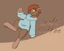 Size: 3000x2400 | Tagged: safe, artist:sneetymist, derpibooru import, oc, oc:soft coffee, unofficial characters only, earth pony, pony, blank flank, bottomless, clothes, female, fluffy, fluffy sweater, image, mare, no tail, partial nudity, png, simple background, socks (coat marking), solo, sweater