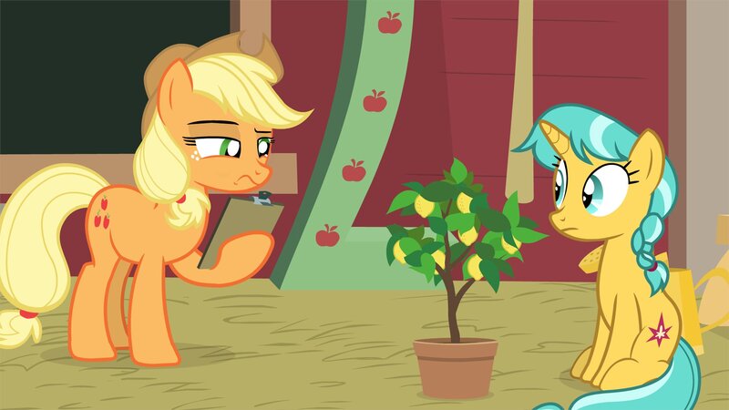 Size: 1920x1080 | Tagged: safe, artist:agrol, derpibooru import, applejack, citrine spark, fire quacker, pony, unicorn, applejack is not amused, classroom, cowboy hat, digital art, female, food, friendship student, fruit heresy, hat, horn, image, jpeg, lemon, lemon tree, looking at each other, mare, notepad, sitting, tail, teacher, unamused