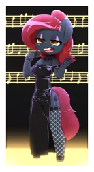 Size: 2000x3625 | Tagged: safe, artist:afkregen, derpibooru import, oc, unofficial characters only, anthro, earth pony, unguligrade anthro, bedroom eyes, breasts, clothes, digital art, dress, female, fishnets, image, microphone, open mouth, png, singing, solo, solo female, tail, thighs, wide hips