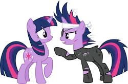 Size: 4572x3000 | Tagged: safe, artist:cloudyglow, derpibooru import, twilight sparkle, pony, unicorn, it's about time, angry, duo, duo female, eyepatch, female, future twilight, image, open mouth, png, pointing, self ponidox, shocked, simple background, transparent background, unicorn twilight, vector