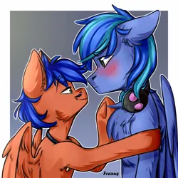 Size: 1920x1920 | Tagged: safe, artist:fraxus, artist:ilovefraxus, derpibooru import, oc, oc:griffin, unofficial characters only, pegasus, blushing, bust, commission, headphones, height difference, image, male, png, portrait, smiling, smirk, stand, ych result, your character here