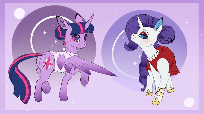 Size: 1920x1080 | Tagged: safe, artist:woollyart, derpibooru import, rarity, twilight sparkle, alicorn, pony, unicorn, clothes, dress, image, jpeg