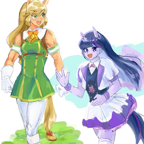 Size: 1024x1024 | Tagged: safe, artist:misochikin, derpibooru import, applejack, twilight sparkle, equestria girls, image, jpeg, uma musume pretty derby