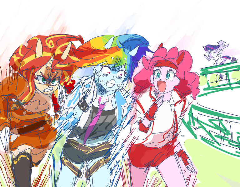 Size: 1024x800 | Tagged: safe, artist:misochikin, derpibooru import, pinkie pie, rainbow dash, sunset shimmer, twilight sparkle, equestria girls, image, jpeg, running, uma musume pretty derby