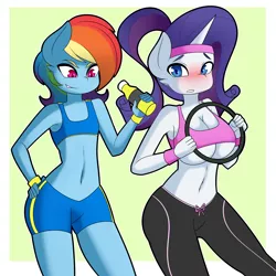 Size: 4200x4200 | Tagged: suggestive, artist:caoscore, derpibooru import, rainbow dash, rarity, anthro, belly button, big breasts, blushing, breasts, clothes, exercise, female, image, lesbian, pants, png, raridash, shipping, shorts, sports bra, sports shorts, sweatband, yoga pants