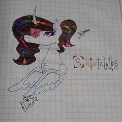 Size: 474x474 | Tagged: safe, artist:shards_of_black_glass, derpibooru import, oc, unofficial characters only, alicorn, pony, alicorn oc, bust, eyelashes, female, graph paper, hanahaki disease, horn, image, jpeg, mare, multicolored hair, rainbow hair, signature, traditional art, wings