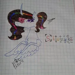 Size: 474x474 | Tagged: safe, artist:shards_of_black_glass, derpibooru import, oc, unofficial characters only, alicorn, pony, alicorn oc, bust, eyelashes, female, graph paper, hanahaki disease, horn, image, jpeg, mare, multicolored hair, rainbow hair, signature, traditional art, wings