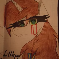 Size: 1080x1080 | Tagged: safe, artist:shards_of_black_glass, derpibooru import, oc, oc:littlepip, pony, unicorn, fallout equestria, fallout equestria: project horizons, blood, bust, clothes, crying, eyelashes, fanfic art, female, graph paper, horn, image, jpeg, mare, smiling, solo, tears of blood, traditional art