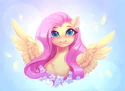 Size: 1920x1401 | Tagged: safe, alternate version, artist:spark_rarestar, artist:sparkling_light, derpibooru import, fluttershy, pegasus, pony, :3, blue background, blushing, bust, chest fluff, cute, daaaaaaaaaaaw, feather, female, flower, grin, image, lip bite, looking at you, mare, png, portrait, shyabetes, simple background, smiling, solo, spread wings, wings
