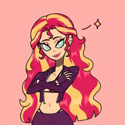 Size: 1080x1080 | Tagged: safe, artist:theapplequeenmaniac2, derpibooru import, sunset shimmer, human, bust, clothes, crossed arms, ear piercing, earring, eyelashes, female, fingerless gloves, gloves, humanized, image, jacket, jewelry, jpeg, lipstick, piercing, pink background, simple background, smiling, solo