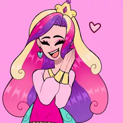 Size: 1080x1080 | Tagged: safe, artist:theapplequeenmaniac2, derpibooru import, princess cadance, human, bracelet, clothes, :d, ear piercing, eyelashes, eyes closed, female, heart, humanized, image, jewelry, jpeg, piercing, pink background, simple background, smiling, solo