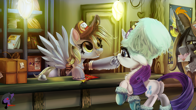 Size: 1902x1073 | Tagged: safe, artist:brainiac, derpibooru import, derpy hooves, rarity, spitfire, oc, oc:haymaker, oc:knick knack, oc:shotglass, breezie, earth pony, pegasus, pony, unicorn, anthropology (book), boop, clothes, cute, digital painting, fallout equestria (book), female, frog (hoof), horseshoes, image, implied breezie, lineless, male, mare, packages, png, post office, poster, pun, scene interpretation, stallion, underhoof, uniform