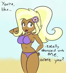 Size: 3000x3300 | Tagged: suggestive, artist:captaincontent, derpibooru import, trixie, alternate hairstyle, beach, belly button, bikini, clothes, dialogue, gyaru, image, png, solo, swimsuit, tan, tan skin