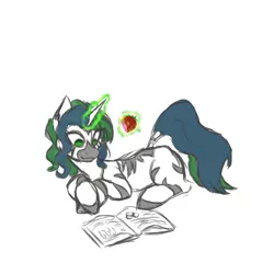 Size: 1500x1500 | Tagged: safe, artist:darnelg, derpibooru import, oc, oc:forest glade, hybrid, zebra, zebracorn, zony, book, colored sketch, female, food, image, lying down, magic, mare, png, prone, quadrupedal, reading, simple background, solo, strawberry, white background, zoomorphic