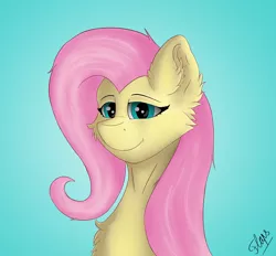 Size: 3184x2952 | Tagged: safe, artist:flapstune, derpibooru import, fluttershy, pegasus, pony, blue background, bust, female, fluffy, image, looking at you, mare, png, signature, simple background, smiling, solo