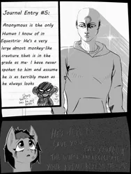 Size: 1200x1600 | Tagged: safe, artist:owlnon, derpibooru import, oc, oc:anon, oc:miss eri, human, pony, comic:drowning lessons, image, monochrome, png