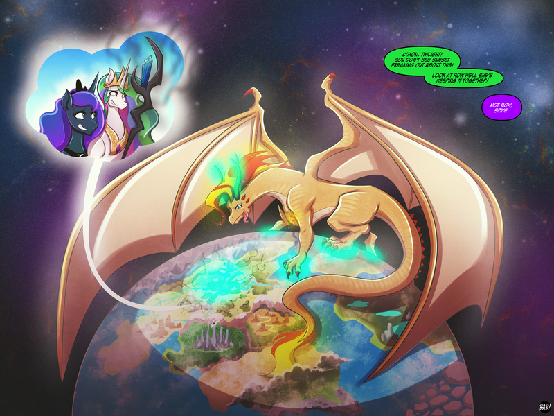 Size: 7200x5400 | Tagged: safe, artist:bearsafterbunnies, derpibooru import, part of a set, princess celestia, princess luna, sunset shimmer, twilight sparkle, alicorn, dragon, pony, absurd resolution, alternative cutie mark placement, bad pun, broken, cloud, dialogue, dragoness, dragonified, female, forest, giant dragon, giantess, glowing horn, growth, horn, image, implied spike, implied twilight sparkle, inset, large wings, macro, magic, mega giant, mountain, part of a series, planet, png, pun, scenery, scenery porn, signature, silly, space, species swap, staff, staff of sacanas, sunset dragon, tree, wings