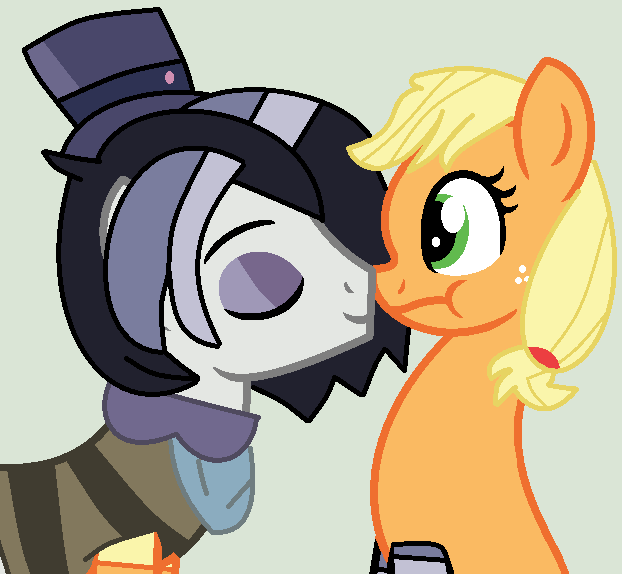 Size: 622x574 | Tagged: safe, artist:box-of-ideas, artist:jadethepegasus, derpibooru import, applejack, derek (pony life), earth pony, pony, my little pony: pony life, base used, boop, clothes, derekjack, eyes closed, eyeshadow, female, freckles, gray background, hat, image, makeup, male, mare, noseboop, png, shipping, shirt, simple background, socks, stallion, straight, striped socks, top hat