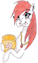 Size: 2065x3411 | Tagged: safe, artist:beamybutt, derpibooru import, oc, unofficial characters only, earth pony, pony, cookie, cookie jar, earth pony oc, eating, female, food, image, jewelry, jpeg, mare, necklace, puffy cheeks, simple background, solo, traditional art, white background