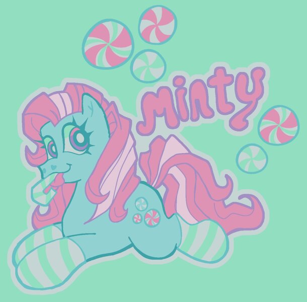 Size: 1303x1281 | Tagged: safe, artist:mewnikitty, derpibooru import, minty, earth pony, pony, :p, candy, candy cane, clothes, filter, food, g3, image, jpeg, lying down, simple background, socks, text, tongue out
