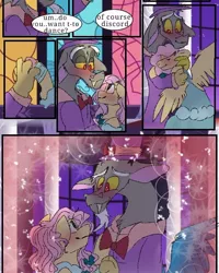 Size: 540x676 | Tagged: safe, artist:cocolove2176, derpibooru import, discord, fluttershy, draconequus, pegasus, pony, comic:fluttering chaos, blushing, clothes, comic, dancing, dialogue, discoshy, dress, eyes closed, female, gala dress, hug, image, jpeg, male, mare, shipping, straight, wings