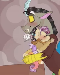 Size: 540x676 | Tagged: safe, artist:cocolove2176, derpibooru import, oc, oc:coraliss rose, draconequus, hybrid, pony, blushing, draconequus oc, eyes closed, father and child, father and daughter, female, image, interspecies offspring, jpeg, male, offspring, parent:discord, parent:fluttershy, parents:discoshy, wings