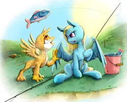Size: 1476x1181 | Tagged: safe, artist:fixablom, derpibooru import, oc, oc:beaky, oc:brave blossom, unofficial characters only, fish, gryphon, pegasus, pony, fanfic:yellow feathers, bucket, duo, female, fishing, fishing rod, griffon oc, image, jewelry, jpeg, male, mother and child, mother and son, necklace, tree